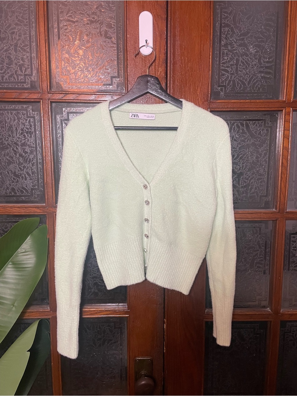 Zara Light Green V-Neck Button-Up Cardigan Sweater